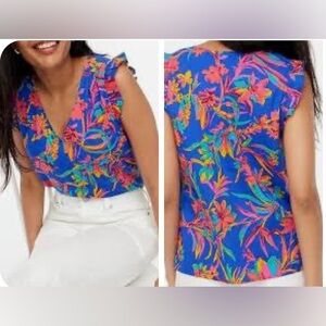 J. Crew Blue w/multicolored Floral prints Vneck Ruffle ShortSleeve Top size XS